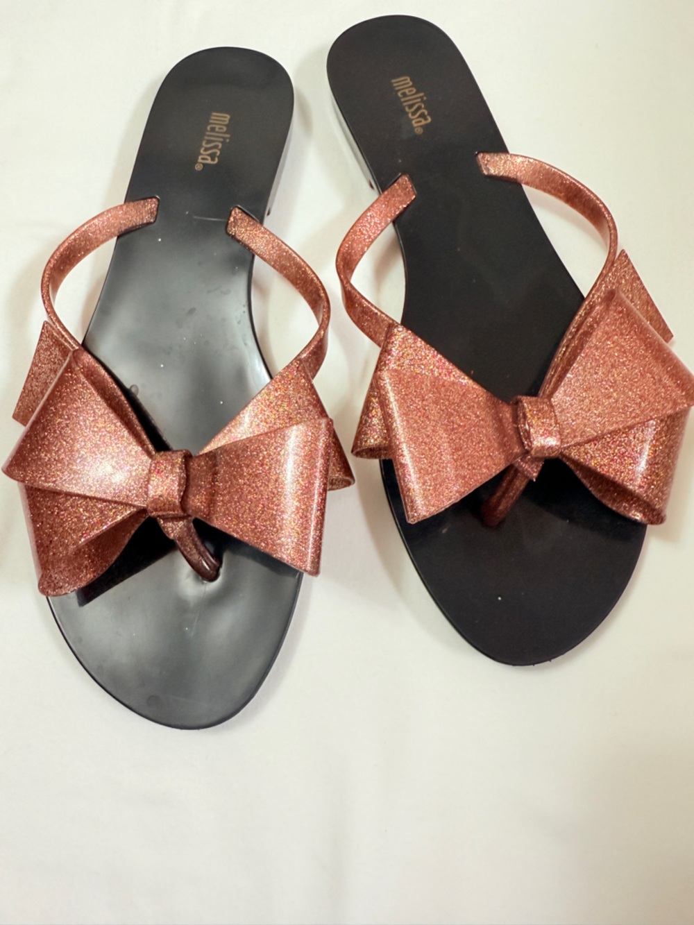 Melissa Rose Gold Glitter Bow Flip Flops Sandals Size 9